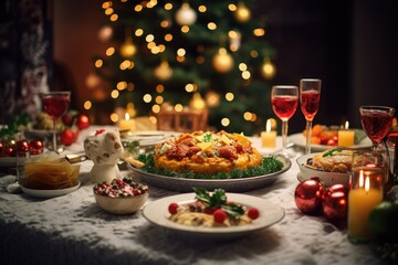 Photo of a bright Christmas table with different dishes . A Christmas tree is burning in the background.