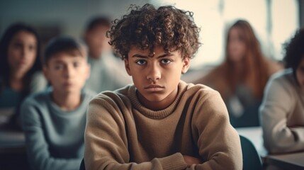In a quiet classroom setting, a solitary teen boy sits alone at a table, looking sadly at the camera.