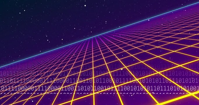 Animation of binary coding and grid network in seamless pattern against blue background