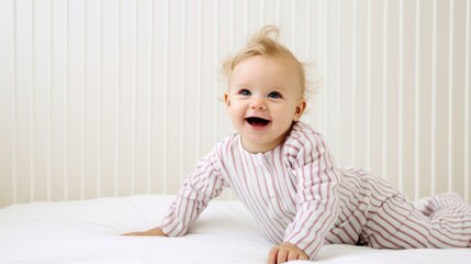 Fototapeta premium Morning delight: Baby in pastel jammies grinning ear to ear.