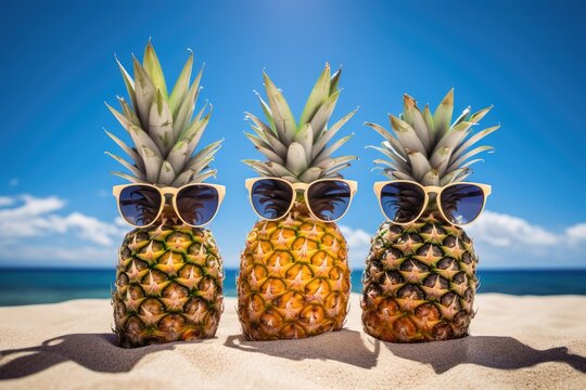 Three pineapples in sunglasses on the beach, stock photo,