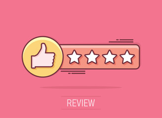 Vector cartoon customer reviews, user feedback icon in comic style. Rating sign illustration pictogram. Stars rating business splash effect concept.