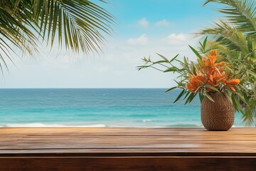 A wooden table with a tropical scene on it