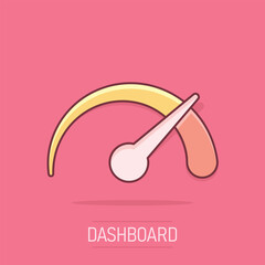 Vector cartoon dashboard icon in comic style. Level meter sign illustration pictogram. Speed business splash effect concept.