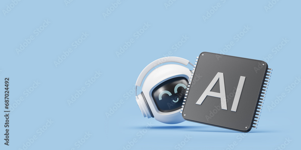 Poster smiling robot with ai chip and copy space empty background