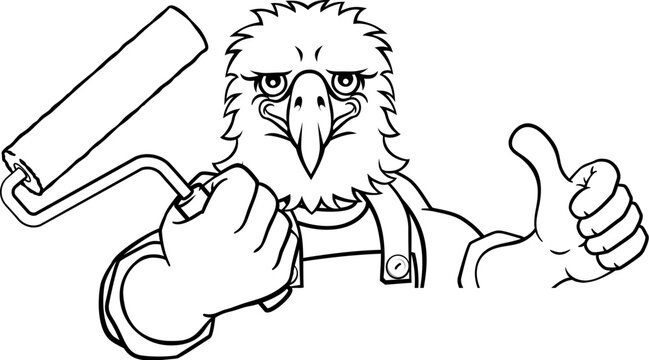 An eagle painter decorator handyman cartoon construction man mascot character holding a paint roller tool