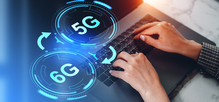 Woman hands typing on laptop, 5G and 6G icons with arrows, internet technology