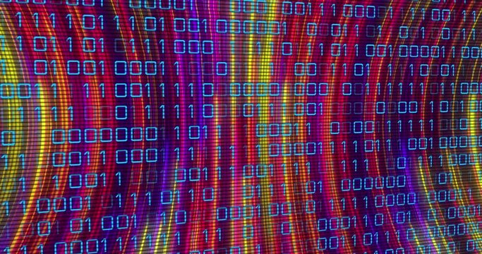 Animation of binary coding data processing against colorful light trails in seamless pattern