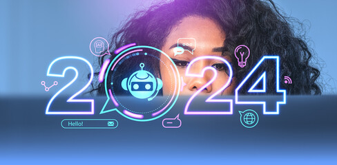 African woman with chat bot icon and 2024 year hologram, robot communication