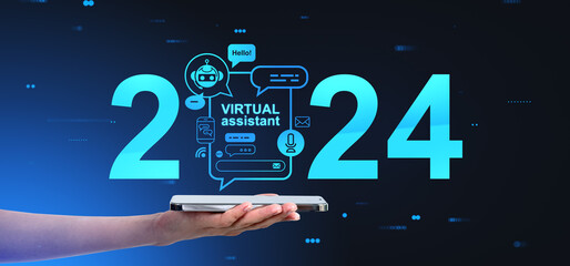 Woman with phone and virtual assistant hologram with 2024 year, chat bot icons