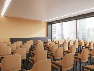 Fototapeta premium Beige business interior with beige armchairs in row and panoramic window