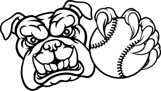 A bulldog dog animal sports mascot holding baseball or softball ball