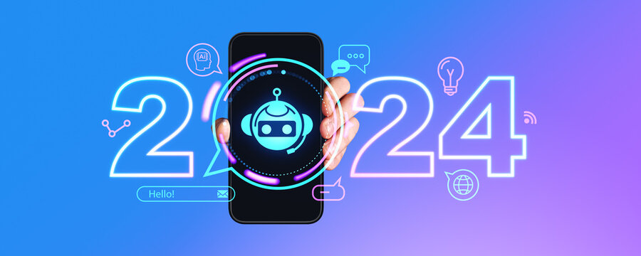 Man hand showing smartphone, 2024 year hologram and robot communication icons