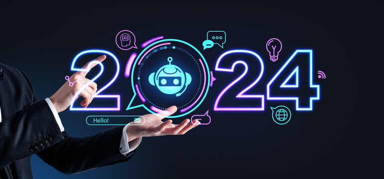 Man hands with 2024 year hologram and robot communication icons