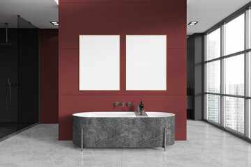 Red bathroom interior with bathtub, shower and panoramic window. Mockup frame