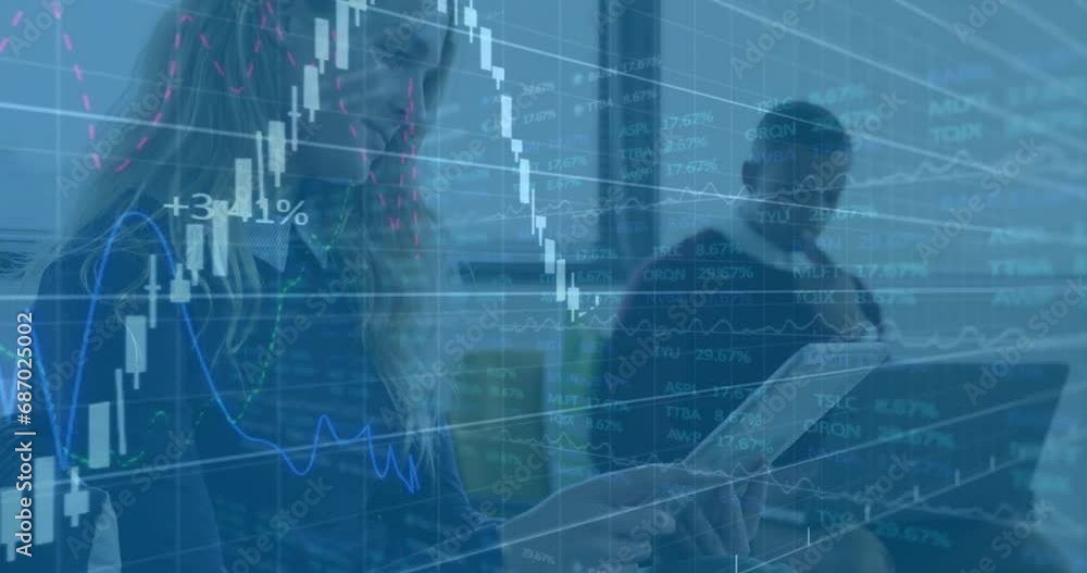 Poster animation of multiple graphs moving over caucasian businesswoman using digital tablet in office