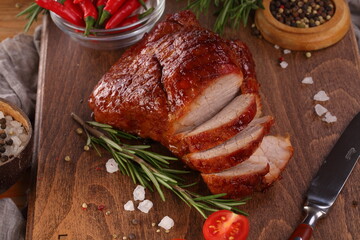 Boiled pork on a wooden background