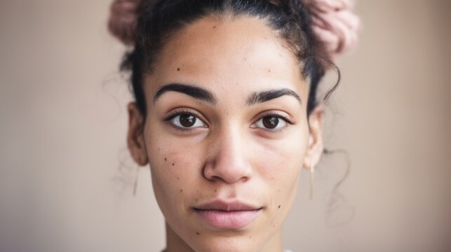 Moroccan woman in close-up portrait gazes into the camera, revealing imperfect skin against a neutral backdrop.