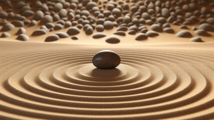 Zen garden meditation stone background for harmony, balance, and relaxation with replica space stones and lines in the sand for spa wellness