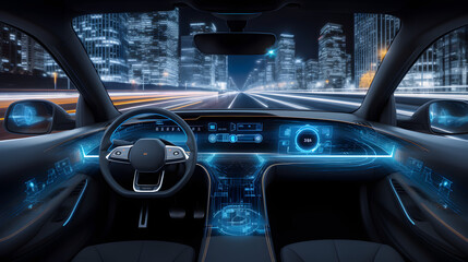 Automotive sensing system concept. Autonomous car. Driver assistant system. Adaptive cruise control. Generative Ai. - obrazy, fototapety, plakaty