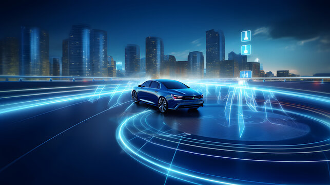 Automotive sensing system concept. Autonomous car. Driver assistant system. Adaptive cruise control. Generative Ai.