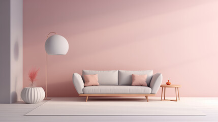 Minimal interior design of a stylish pastel room. Pink and purple wall, sofa, floor lamp, ceramic vases, wood table. Sunlight. Interior Design. Empty wall mock up background. 