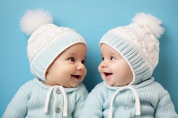 Two twins smiling on blue background, facing each other. - obrazy, fototapety, plakaty