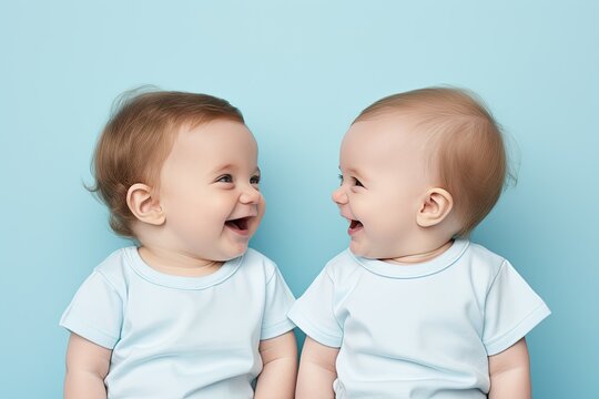 Two babies dressed in pale blue and looking at each other