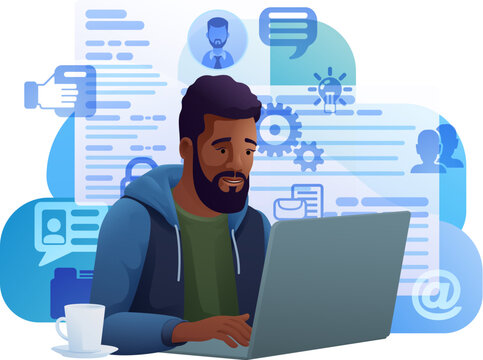 Man, person, remote working on laptop computer writing document possibly a resume or cv for online internet job search application recruitment agency website cartoon illustration.