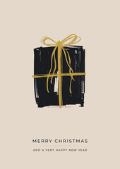 Modern Christmas Card With Brush Stoke Textured Present in Black and Gold on a Beige Background