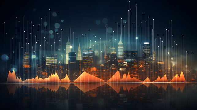 Big data chart on city backdrop.Trade technology, and investment analysis.Business development, financial plan and strategy. Generative Ai.