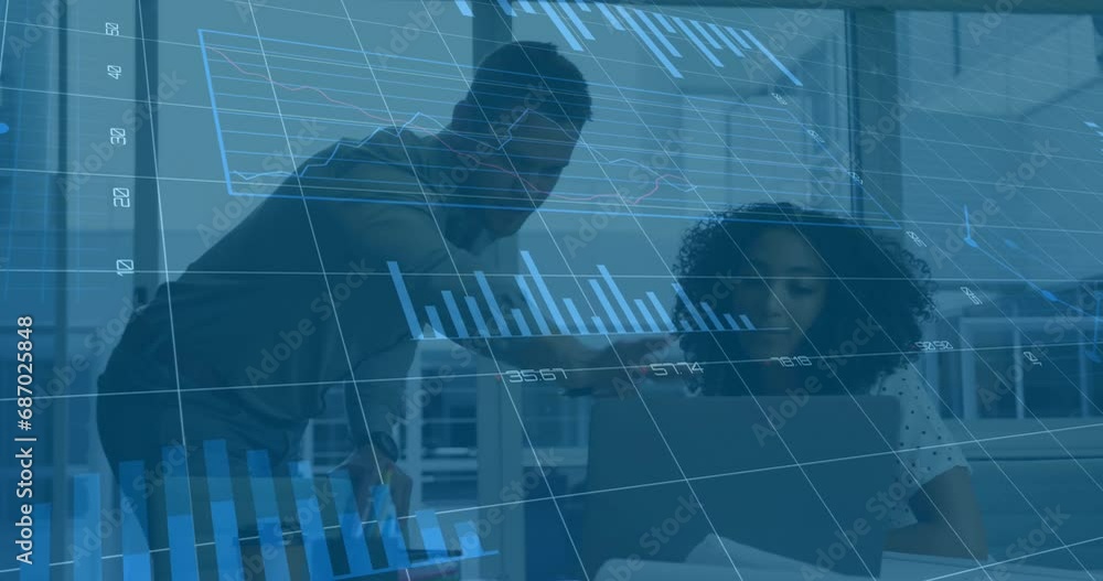 Poster animation of graphs, changing numbers, loading circles over diverse coworkers discussing reports