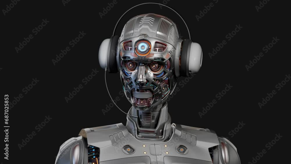 Poster robot man operator with very detailed face or humanoid cyborg worker with headphones looking around.