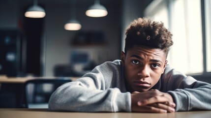 Amidst the stillness of an empty classroom, a lone teen boy's gaze into the camera reflects his somber state of mind.