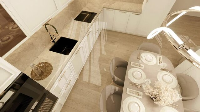 3D Animation Elegant Dining Area, Modern Kitchen with Chic Table Setting and Ambient Light. 