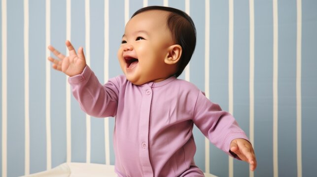 A happy baby in morning light, clad in pastel pajamas, smiles joyfully.