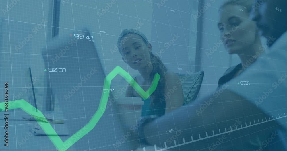 Poster animation of graph and changing numbers over diverse coworkers discussing reports on laptop