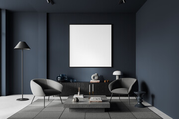 Grey home living room interior with relax place and decoration, mockup frame
