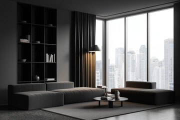 Grey home living room interior with couch and shelf near panoramic window