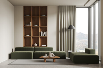 Modern home living room interior with couch and shelf with panoramic window