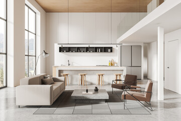 White living room and kitchen interior