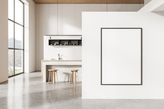 White hotel kitchen interior with bar counter and shelf. Mockup poster