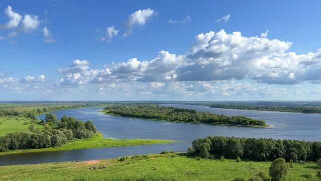 Picturesque view of the Kama River from the observation deck at the Yelabuga settlement. The movement of clouds over the river. Lower Kama National Park. Yelabuga, Republic of Tatarstan, Russia, 4K