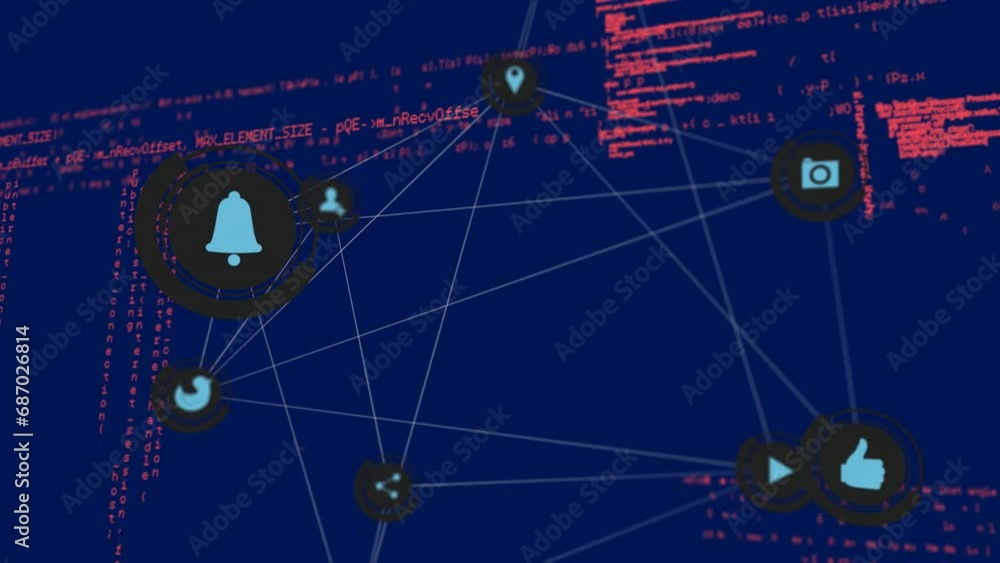 Poster animation of connected icons, computer language over blue background