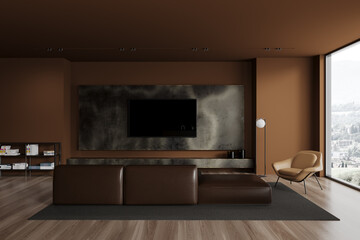 Brown living room interior with sofa and TV