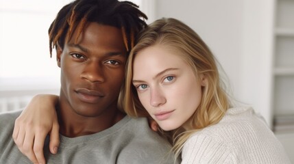 Mixed-race pair, embracing with smiles in their cozy home.