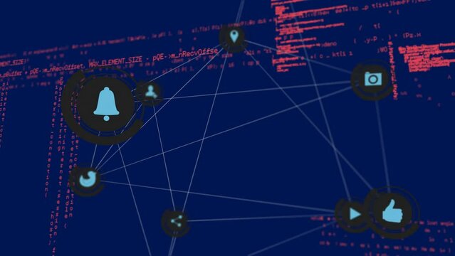Animation of connected icons, computer language over blue background