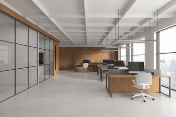 Wooden and white open space office interior