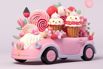 A fabulous colorful automobile loaded with lots of cupcakes. Sweets delivery.
