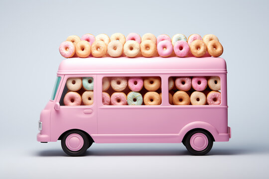 Pink mini truck fully loaded with colorful donuts. Food truck vehicle - donuts store. Delivery